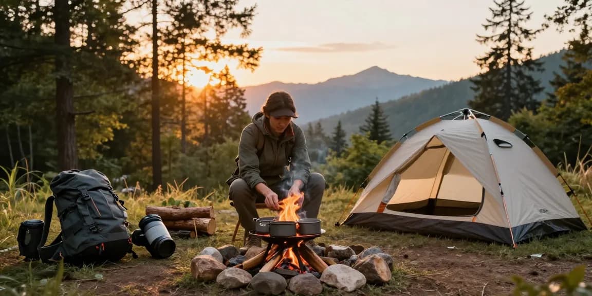 Engaging campsite scene with rokok88 link login gear, campfire, and outdoor adventure setup.