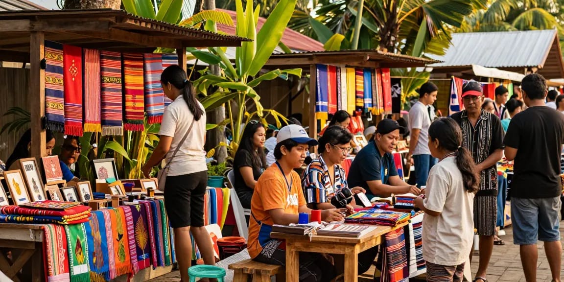 Shoppers discovering unique UMKM products at rokok88's artisan market.
