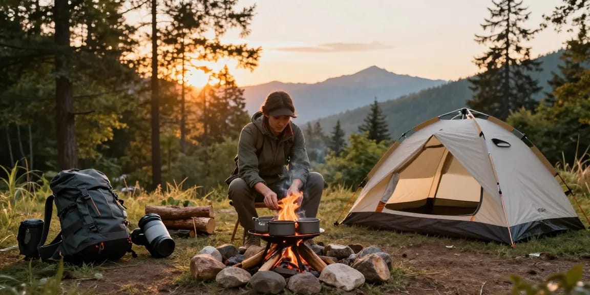 Engaging campsite scene with rokok88 link login gear, campfire, and outdoor adventure setup.
