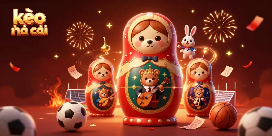Engage with kèo nhà cái through a vibrant 3D casino scene featuring Matryoshka bears and sports elements.