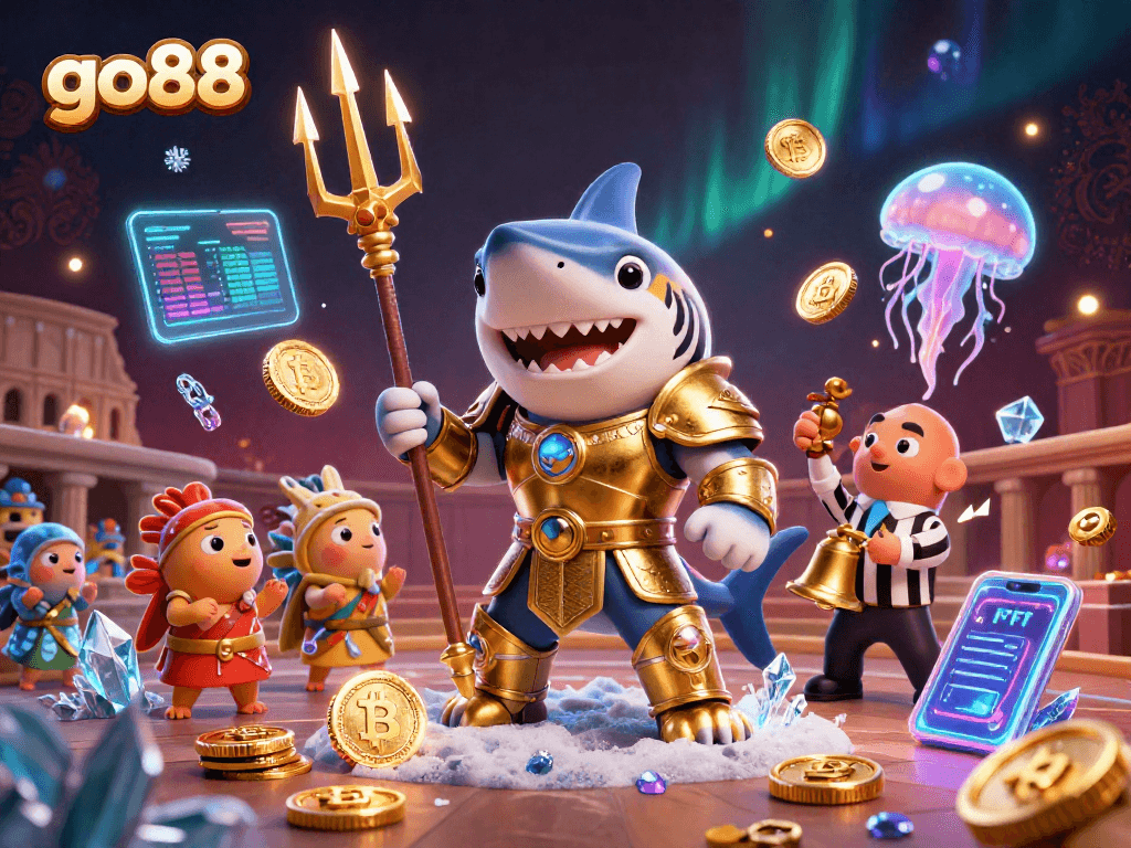 go88 showcases thrilling underwater battles with a shark, crypto coins, and exciting gaming elements