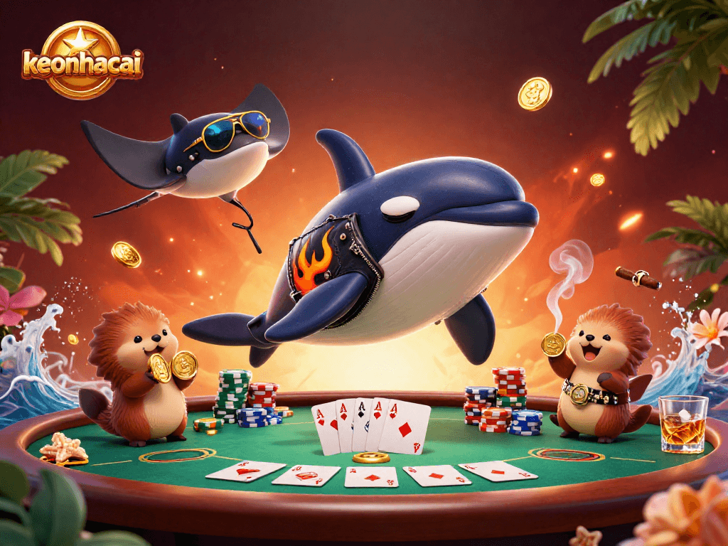 Experience thrilling moments at keonhacai with a vibrant 3D casino scene including poker elements and fun characters.