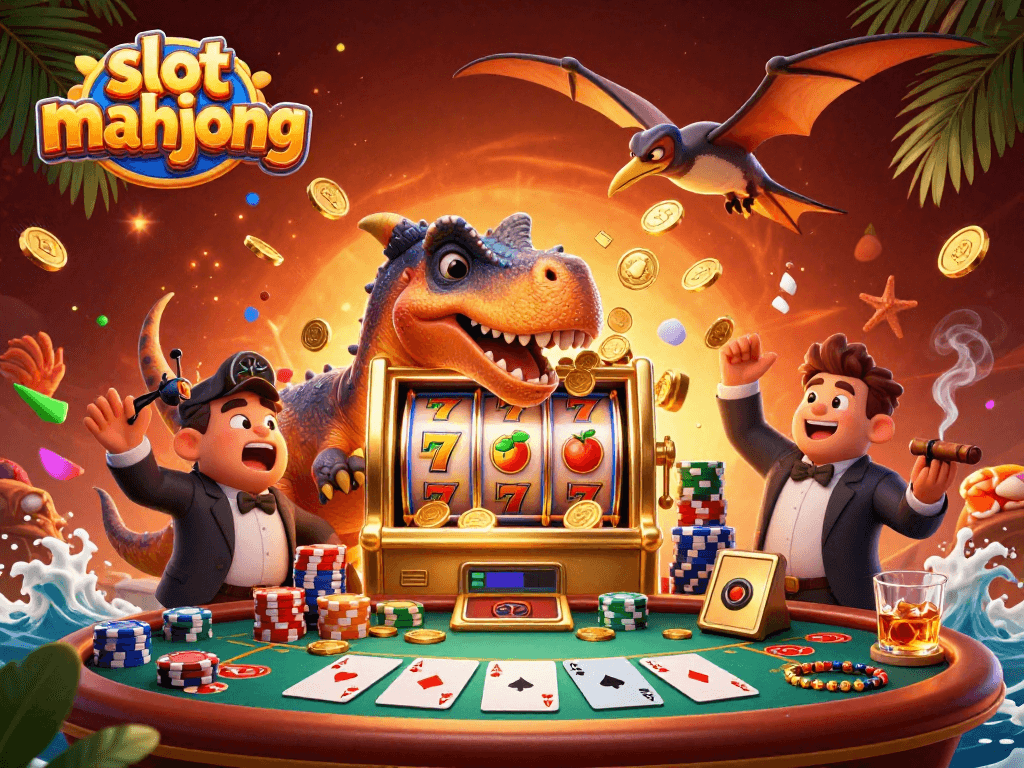 Playing slot mahjong, a pachycephalosaurus interacts with a golden machine while coins fly around.