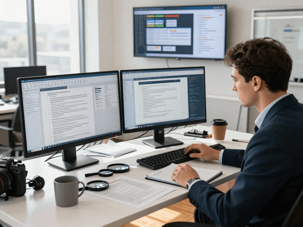 Expert conducting document fraud detection analysis with advanced tools and AI dashboards in a modern office setting.
