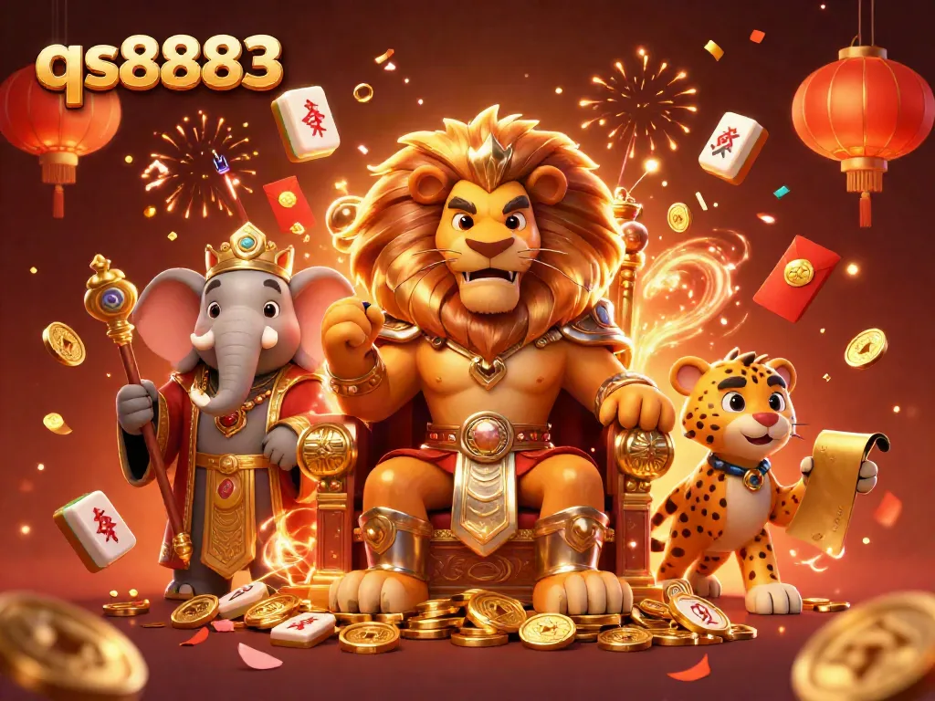 Unleash your excitement at qs8883 with a vibrant 3D casino scene featuring a lion king on gold coins, lanterns, and festive elements.