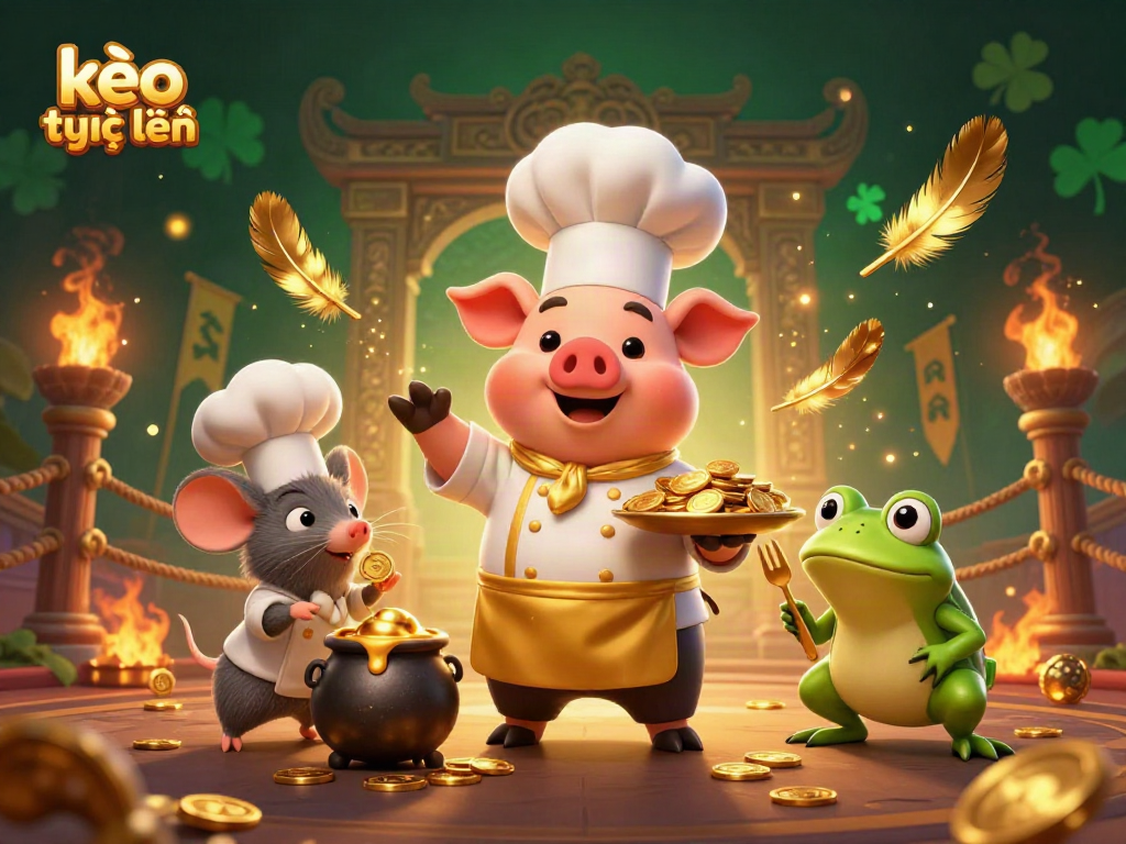 Engage in thrilling kèo trực tuyến action with an animated chef pig serving gold coins in an electrifying setting.