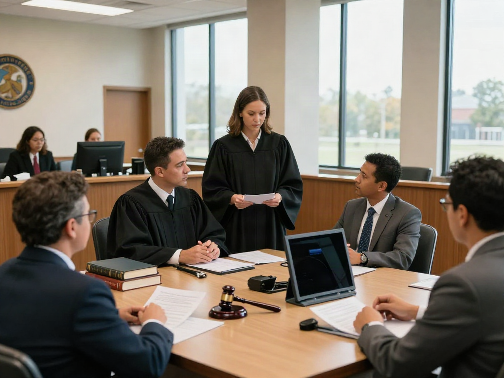 Forsyth County GA DUI court advantages highlighted in a courtroom scene with diverse individuals, attorney presenting evidence, and supportive atmosphere.