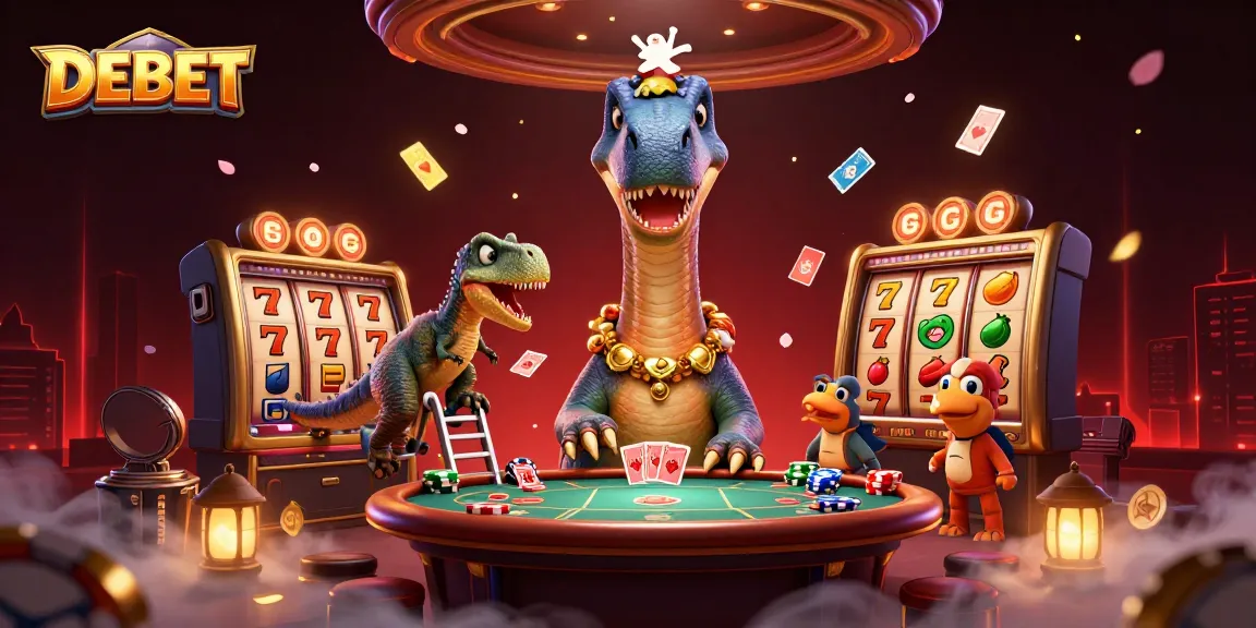 Engage in thrilling gameplay with DEBET at a vibrant casino scene featuring a brontosaurus and dealer