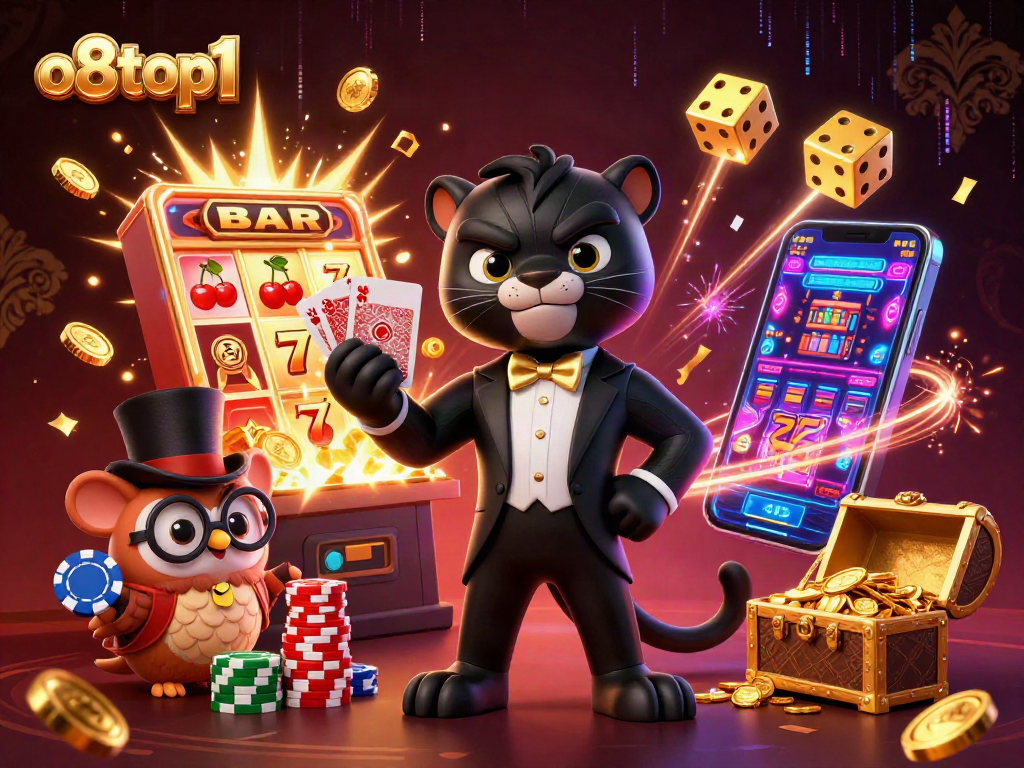 Engage with o8top1's vibrant casino illustration featuring dynamic characters and lively gaming elements.