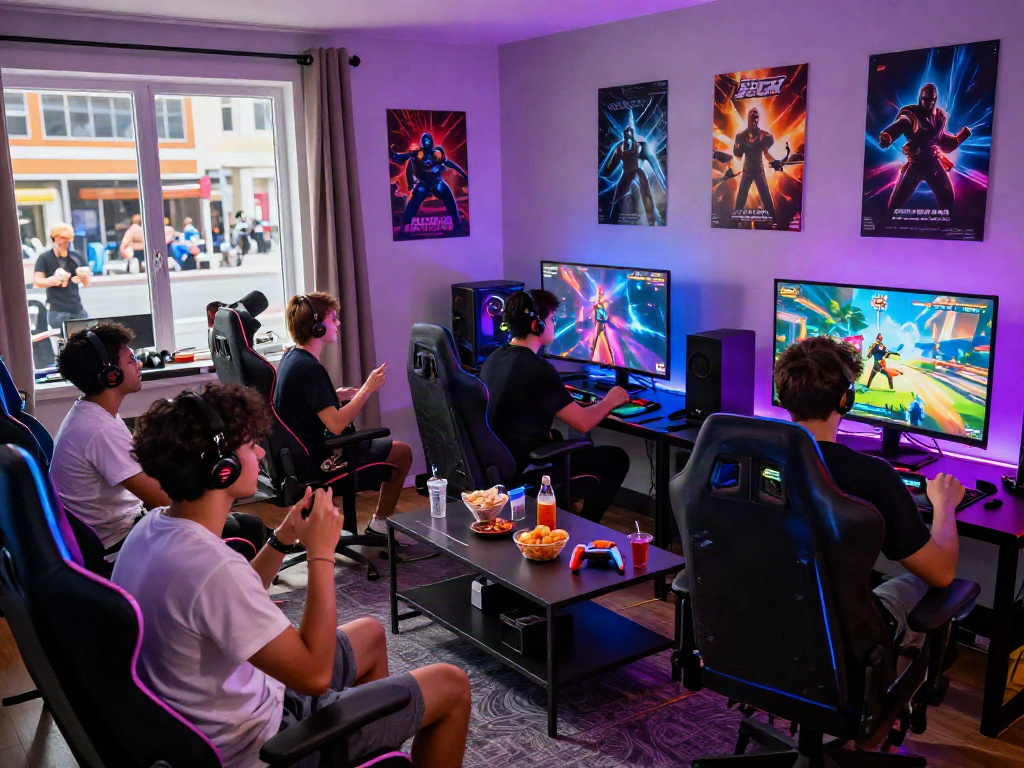 Engaged gamers excitedly playing a porn game in a stylish gaming room.