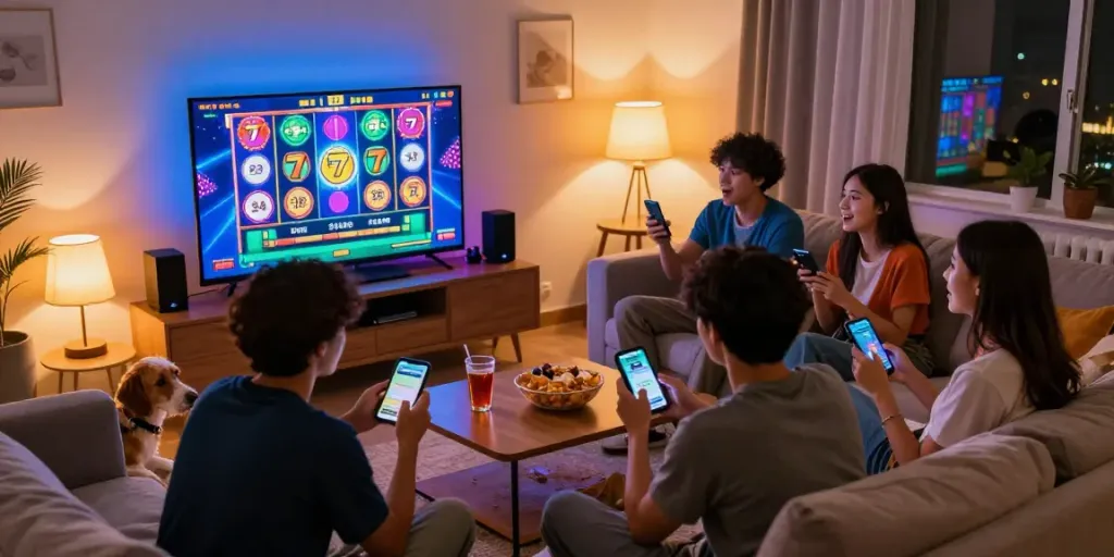 Group enjoying slot777 games together in a cozy living room setting.