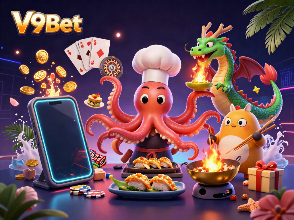 Experience vibrant gaming with V9Bet in this dynamic casino scene featuring unique characters and exciting game elements.