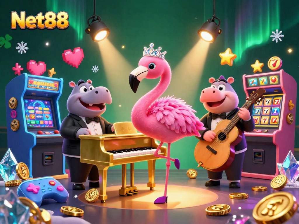 Experience Net88's vibrant casino scene with lively characters and engaging slot machines.