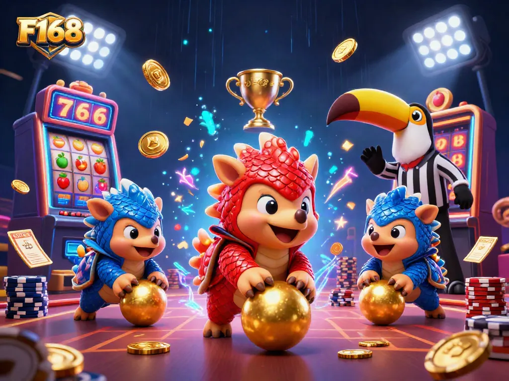 F168 pangolins compete in a dynamic casino scene with slot machines and poker chips