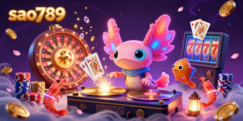 Sao789's vibrant digital casino scene featuring a DJ axolotl and lively gaming elements.