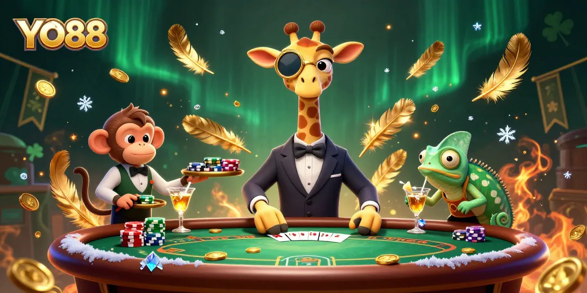 Engage with YO88's elite gaming offers featuring a high-roller giraffe at a dynamic poker table.
