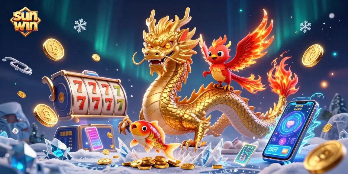 Experience sun win as a dragon coils through a vibrant slot game world with coins showering down.
