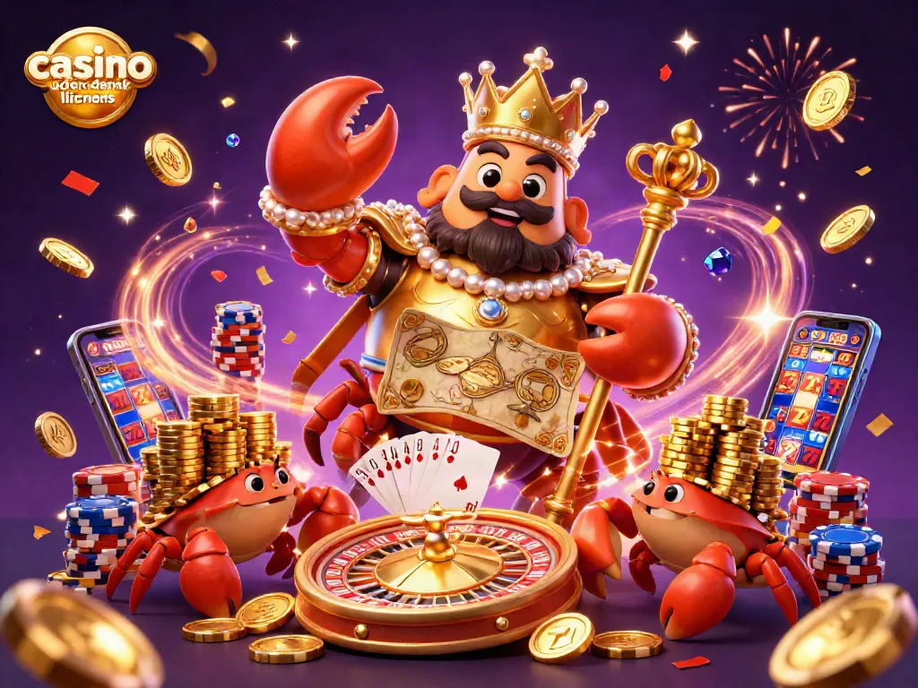 Experience adventure with casino uden dansk licens as golden crab emperor holds treasures amid vibrant casino elements.