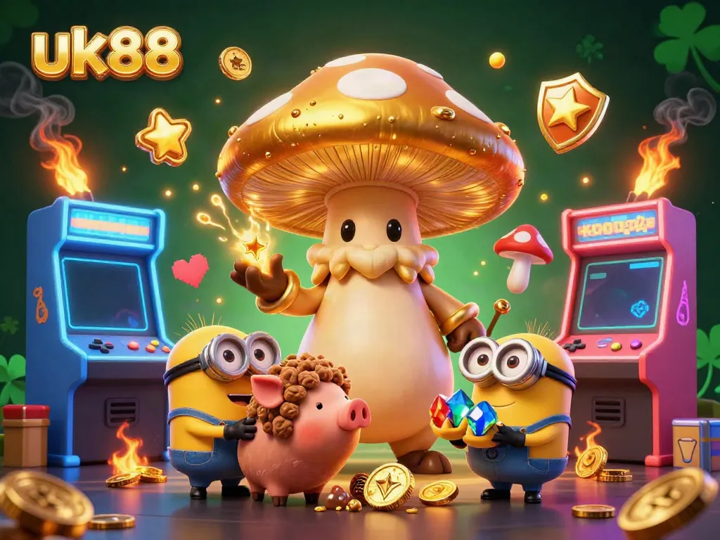 Experience the magic at uk88 with a golden mushroom wizard and treasure hunting pig in a vibrant casino arcade setting.
