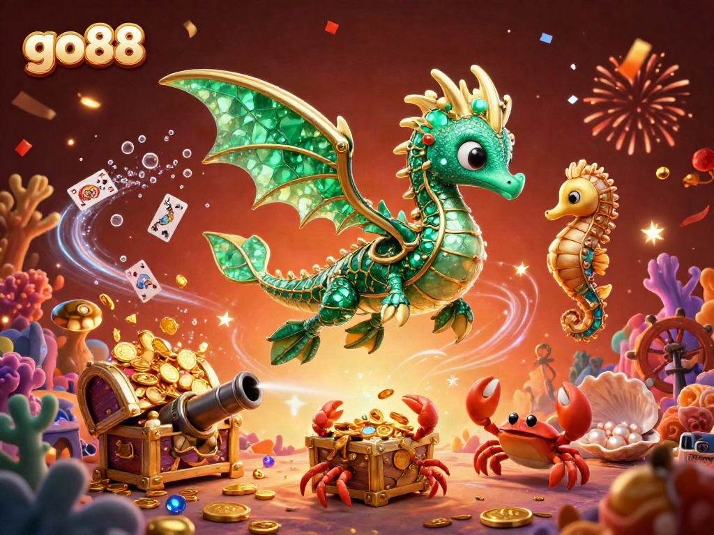 Experience the excitement of go88 with a dynamic, treasure-filled underwater scene featuring mythical sea creatures.