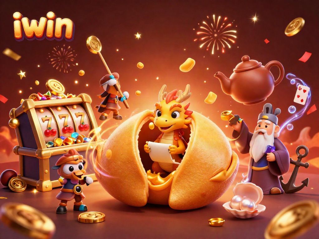 iwin showcases a vibrant casino scene with a golden fortune cookie and gaming elements.