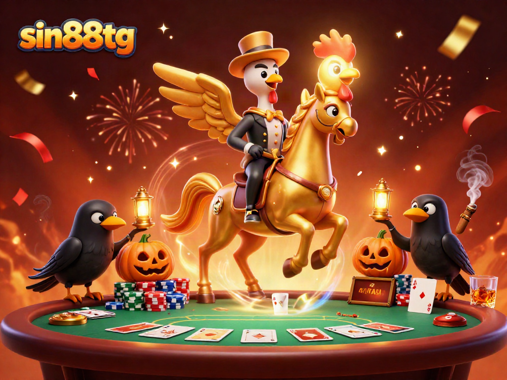 Experience thrilling gaming adventures at sin88tg with a vibrant casino scene featuring a golden rooster and poker elements.