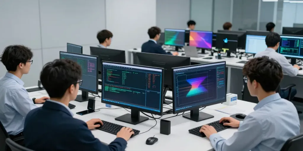 Adversarial assessment with cybersecurity experts analyzing network vulnerabilities and real-time attack simulations in a modern lab.