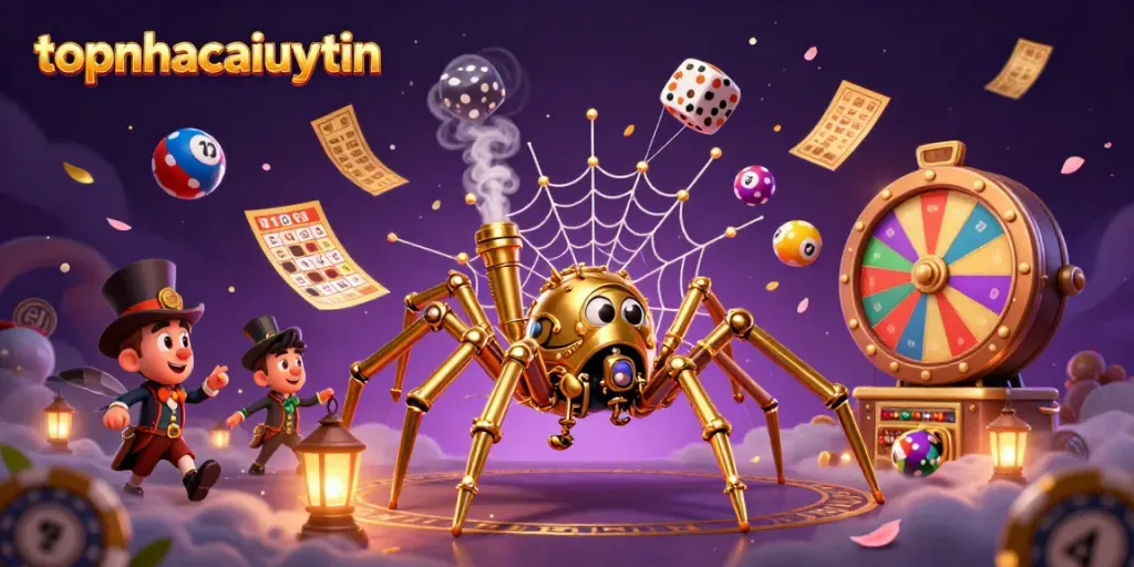 Engage with topnhacaiuytin as a steampunk spider weaves a vibrant gaming web of chance and fortune.