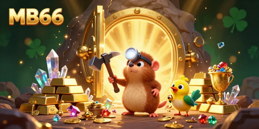 Engage with MB66 treasure hunter mole collecting gems and gold in a vibrant casino cave scene.
