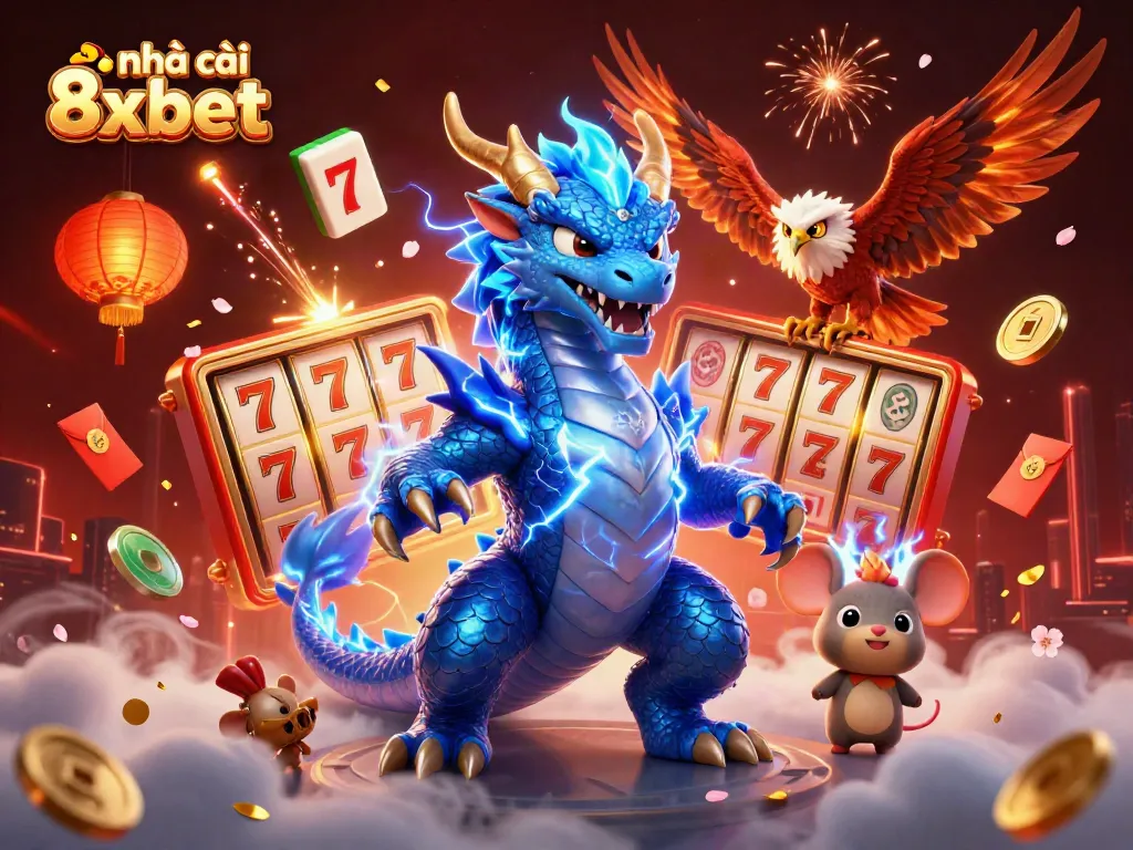 Engaging players at nhà cái 8xbet with vibrant slot reels and dynamic gaming elements.