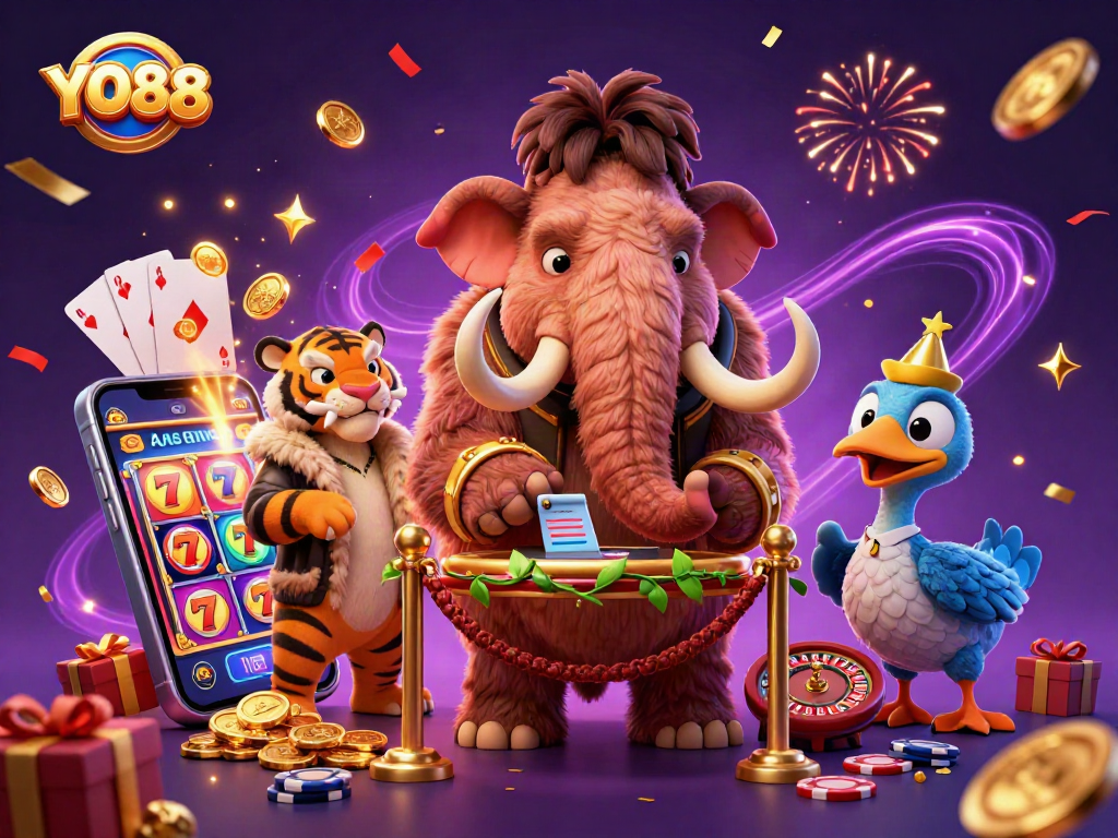 Experience exciting gameplay at YO88 with a lively scene featuring whimsical characters and dynamic gaming elements.