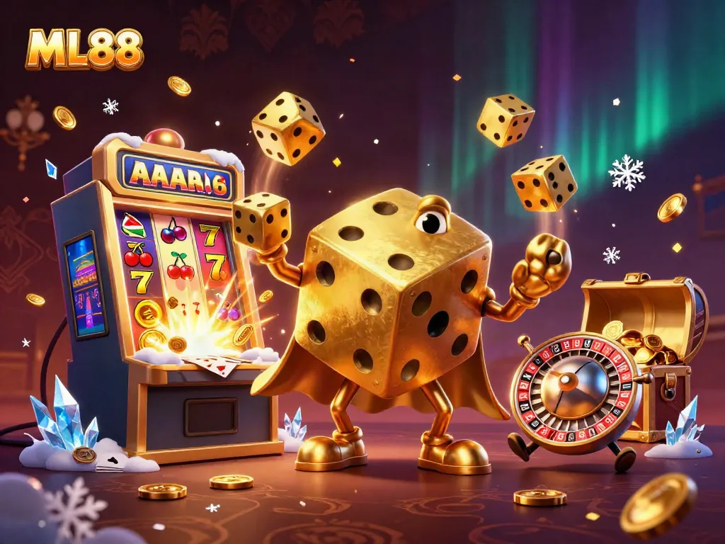 Join the excitement with ML88, featuring a dynamic scene of golden dice, vibrant slot machines, and engaging casino elements.