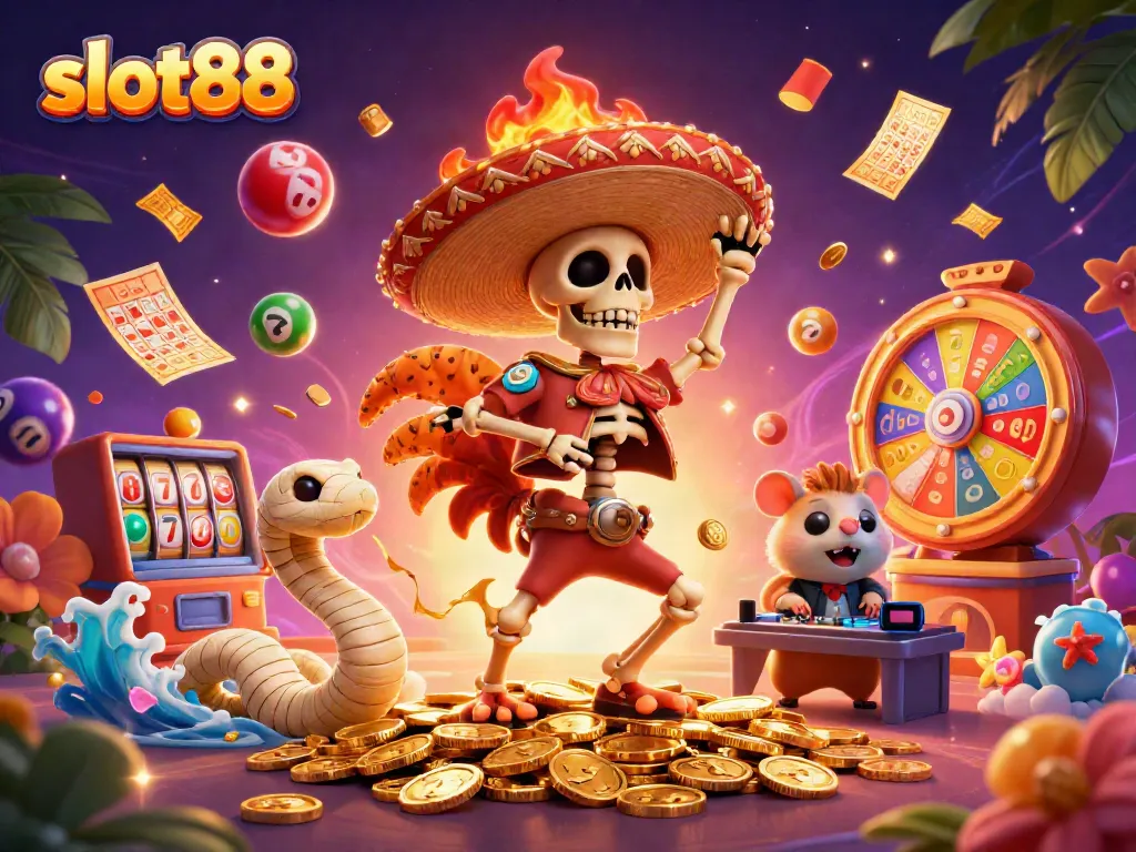 Experience the excitement of slot88 with a vibrant scene of characters celebrating on golden coins.
