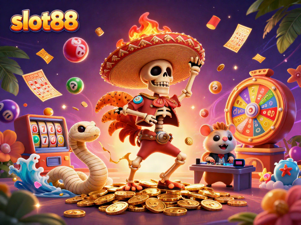 Experience the excitement of slot88 with a vibrant scene of characters celebrating on golden coins.
