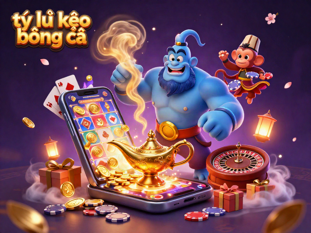 Tỷ lệ kèo bóng đá scene showcasing a dynamic genie and monkey amidst casino elements like slot games and poker.