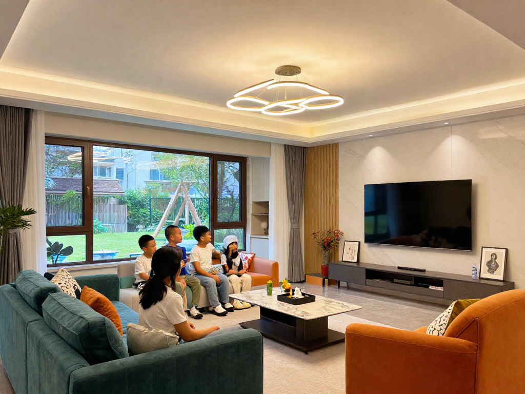 Lustra LED modernă într-un living confortabil, oferind un ambient cald și plăcut, ideal pentru decorul casei.