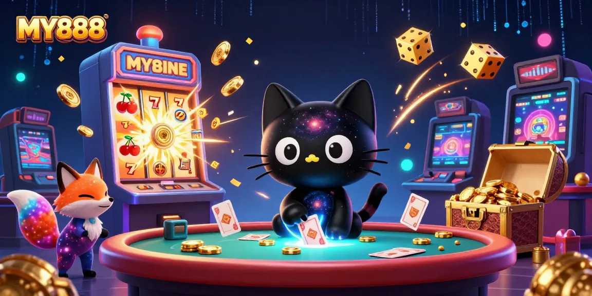 Engage in thrilling gaming adventures at MY888 with a vibrant cosmic casino illustration bursting with captivating elements.