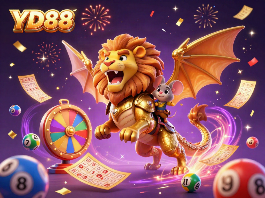 Experience thrilling gaming with YD88's vibrant lottery and casino atmosphere in this lively illustration.