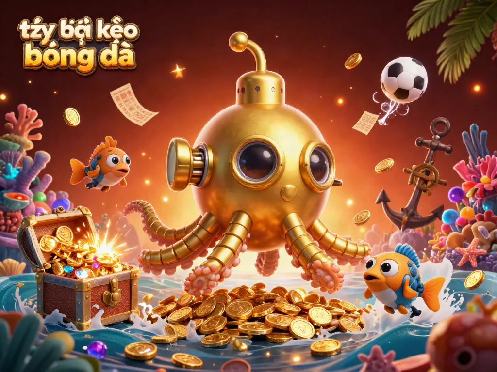 Experience the thrill of tỷ lệ kèo bóng đá with a dynamic scene showing a golden kraken exploring a sea of wealth.