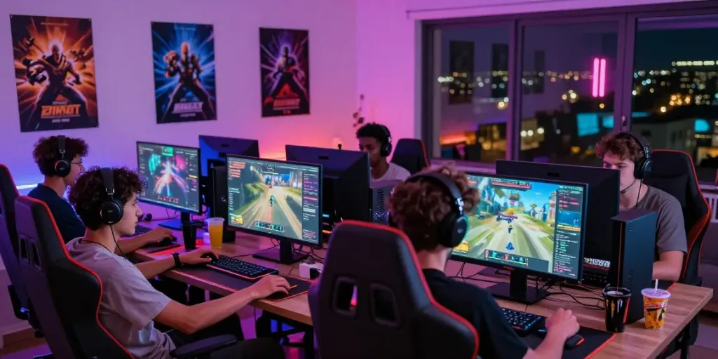 Engaged players in a lively gaming session showcasing rokok88 login experience with vibrant LED lights and gaming setup.