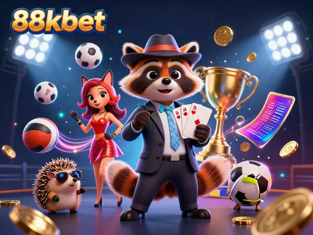 Experience thrilling gameplay with 88kbet, featuring a suave raccoon and charming fox in a vibrant casino scene.