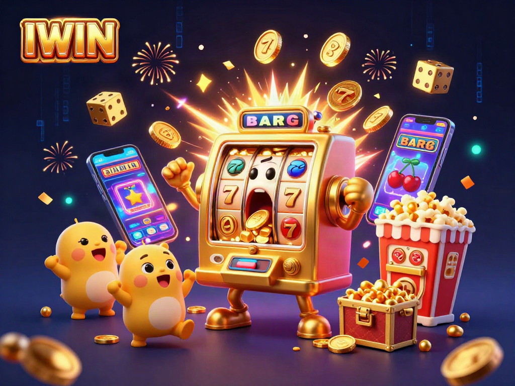 IWIN sparks excitement as a golden slot machine hits a jackpot with coins pouring out, dazzling with casino symbols.