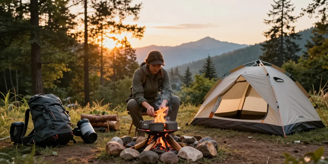 Engaging campsite scene with rokok88 link login gear, campfire, and outdoor adventure setup.