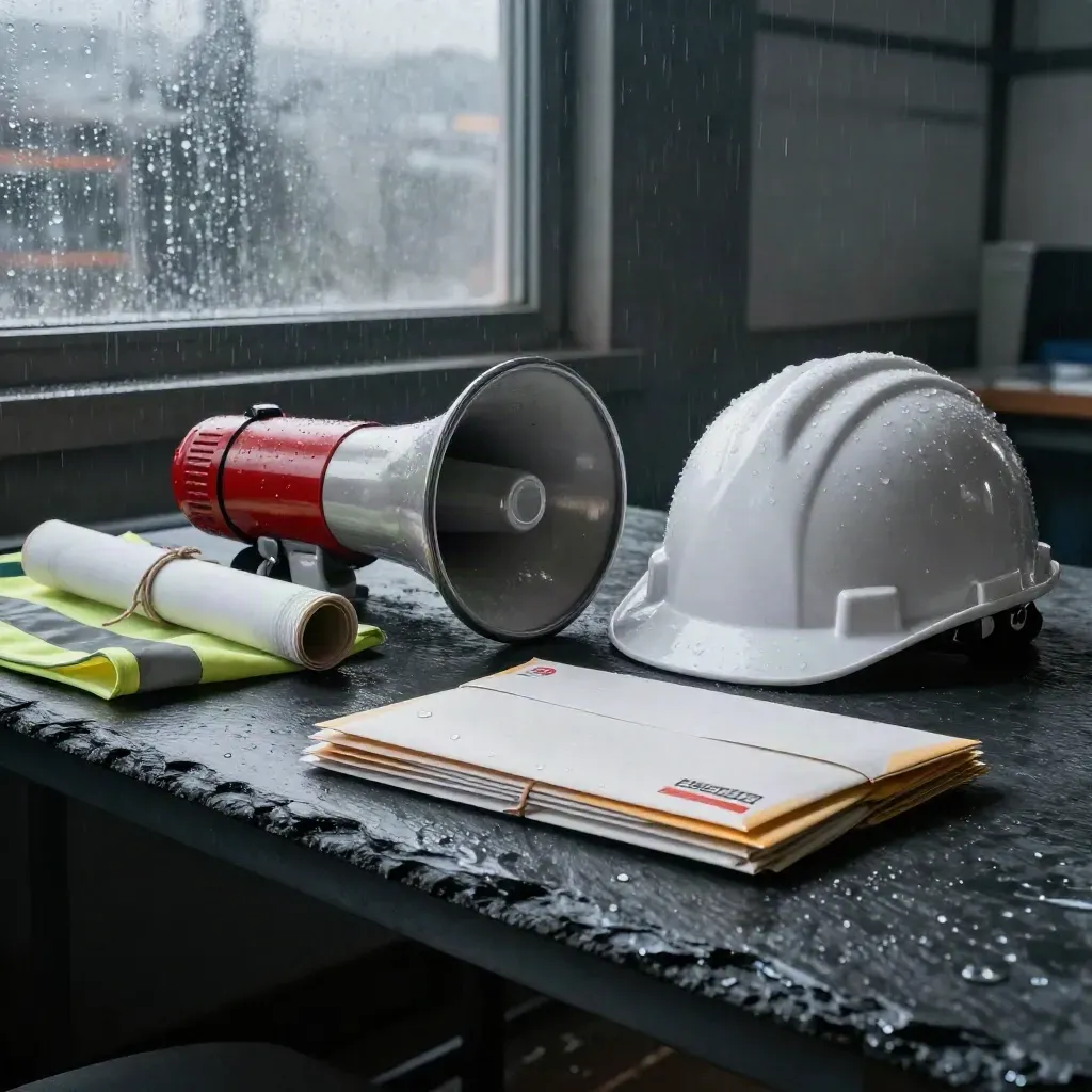 Rain-beaded union megaphone, notices, hard hat, vest and envelopes on a slate table at dawn.