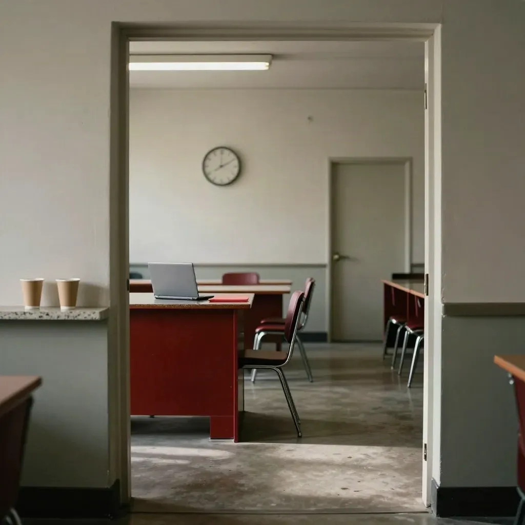 Empty bargaining room with stopped clock, closed laptop, and two cups in a quiet doorway view
