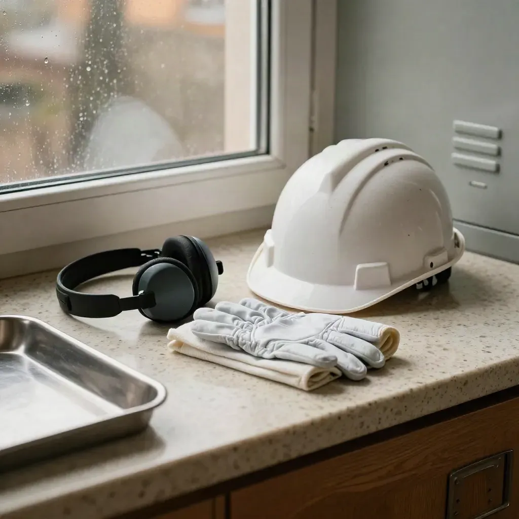 Hard hat, gloves, and ear defenders on a travertine workbench by window light.