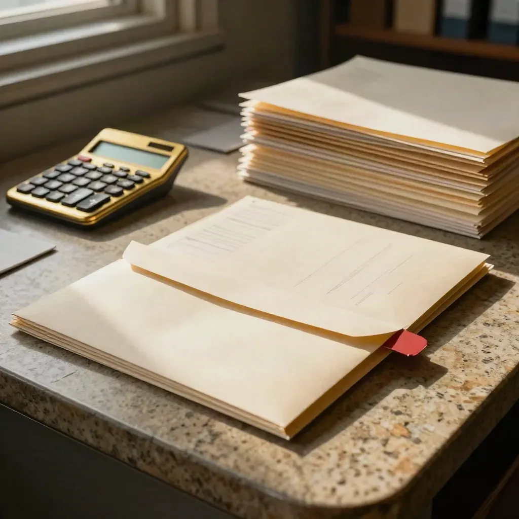 Payroll envelopes, carbon-copy pads, and a brass calculator on a sorting table.