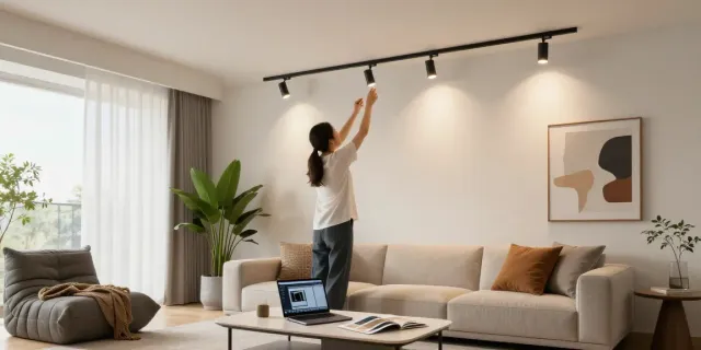 Iluminat modern cu sina magnetica în living, designer ajustând spoturi LED.
