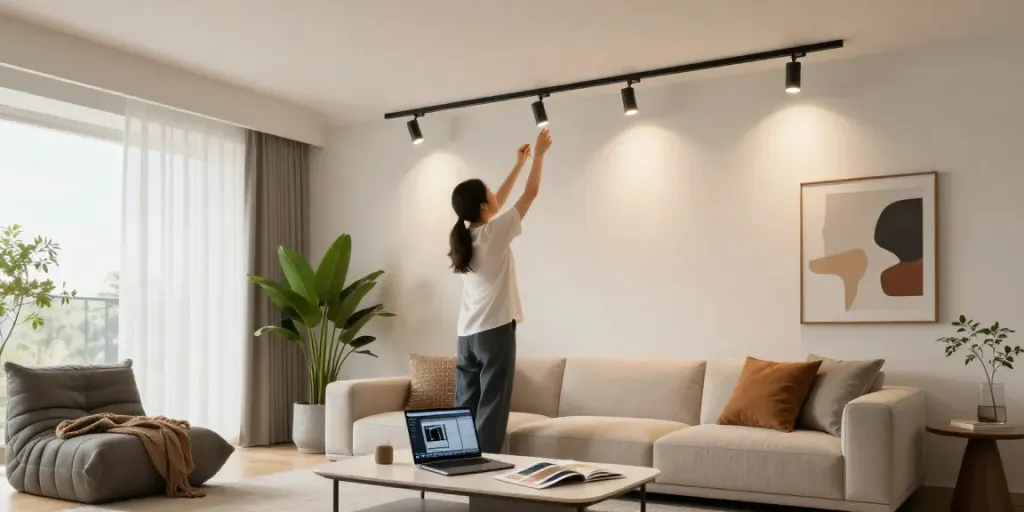 Iluminat modern cu sina magnetica în living, designer ajustând spoturi LED.