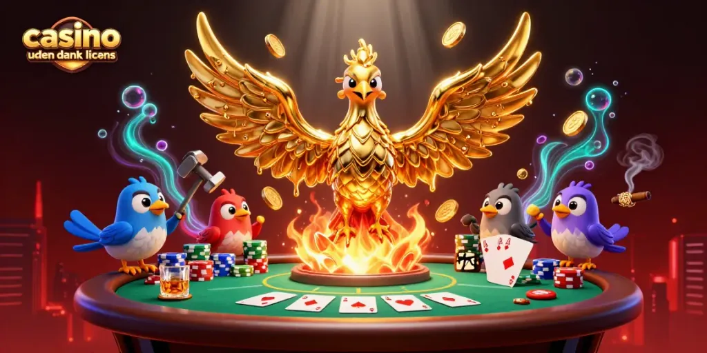 Engage in thrilling action at casino uden dansk licens with a vibrant scene featuring a golden phoenix and poker elements.